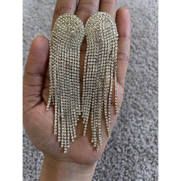 Large clear earrings fringe gold tone  bridal  big , oversized crystal earrings - Picture 4 of 9